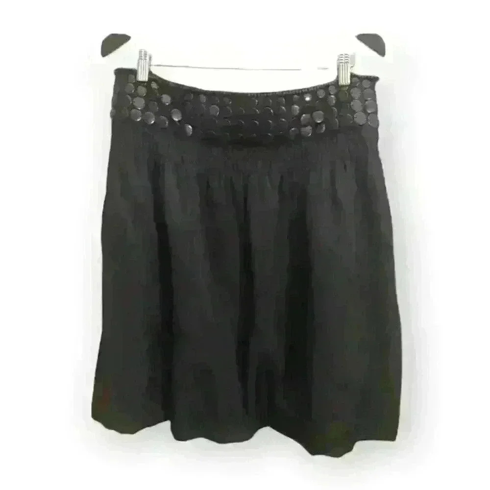 Laurel Escada Flowy  Black Bubble Skirt Wooden Beads Button Accent